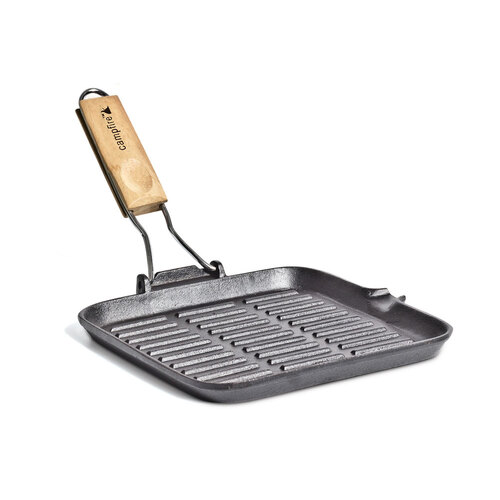 Campfire Cast Iron Square Griddle Frypan with Folding Handle - 24 cm